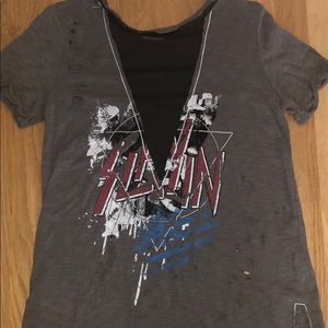 Graphic Distressed T Shirt with Mesh V-Neck